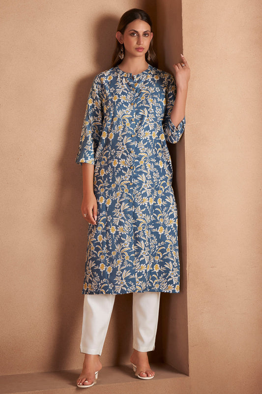 Turquoise Cotton Blend Floral Printed Kurta For Women