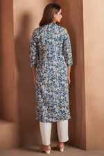 Turquoise Cotton Blend Floral Printed Kurta For Women