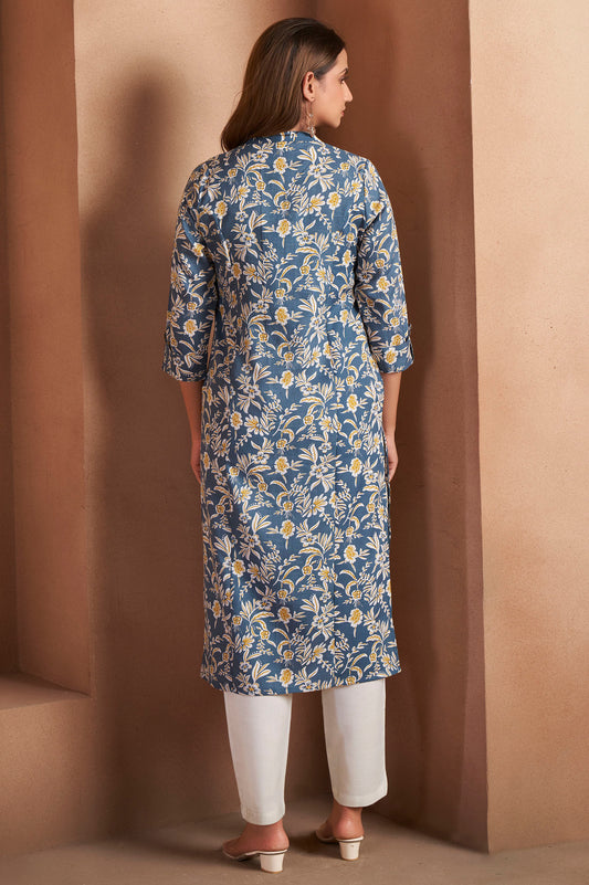 Turquoise Cotton Blend Floral Printed Kurta For Women