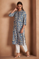 Turquoise Cotton Blend Floral Printed Kurta For Women