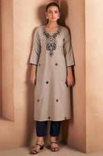 Light Brown Cotton Blend Chikankari Embroidered Kurta For Women