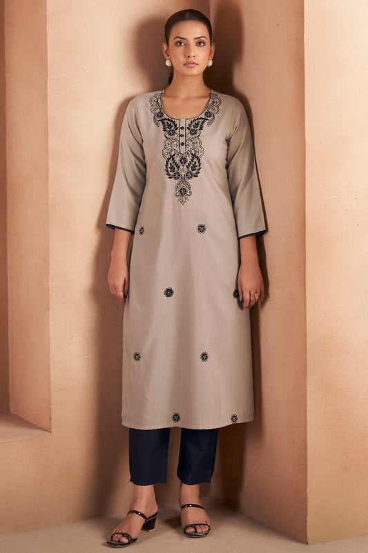 Light Brown Cotton Blend Chikankari Embroidered Kurta For Women