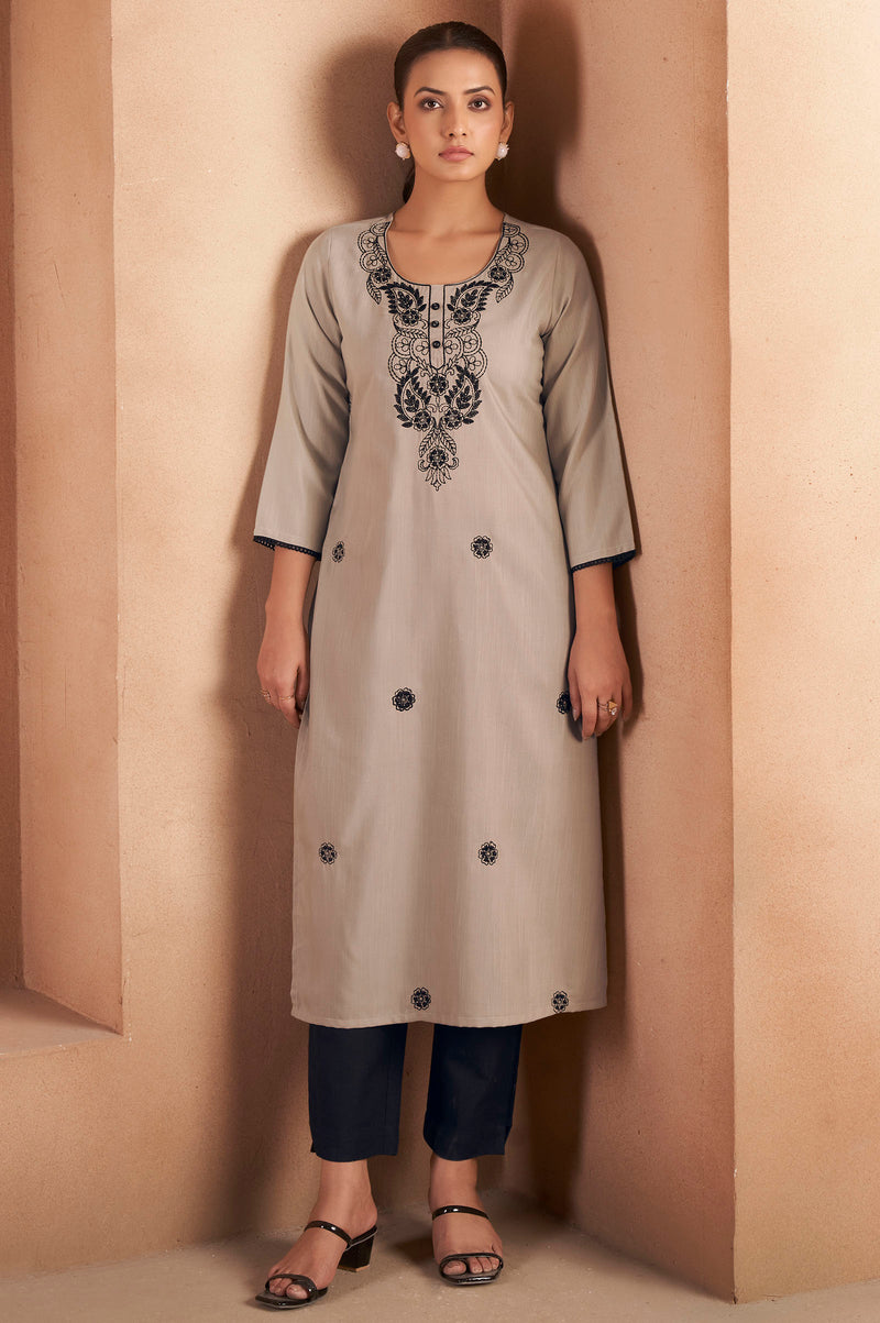 Light Brown Cotton Blend Chikankari Embroidered Kurta For Women