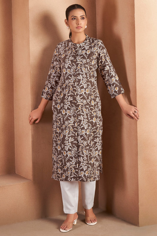 Brown Cotton Blend Floral Printed Kurta For Women