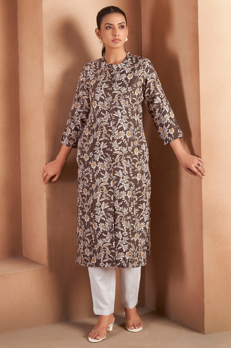 Brown Cotton Blend Floral Printed Kurta For Women