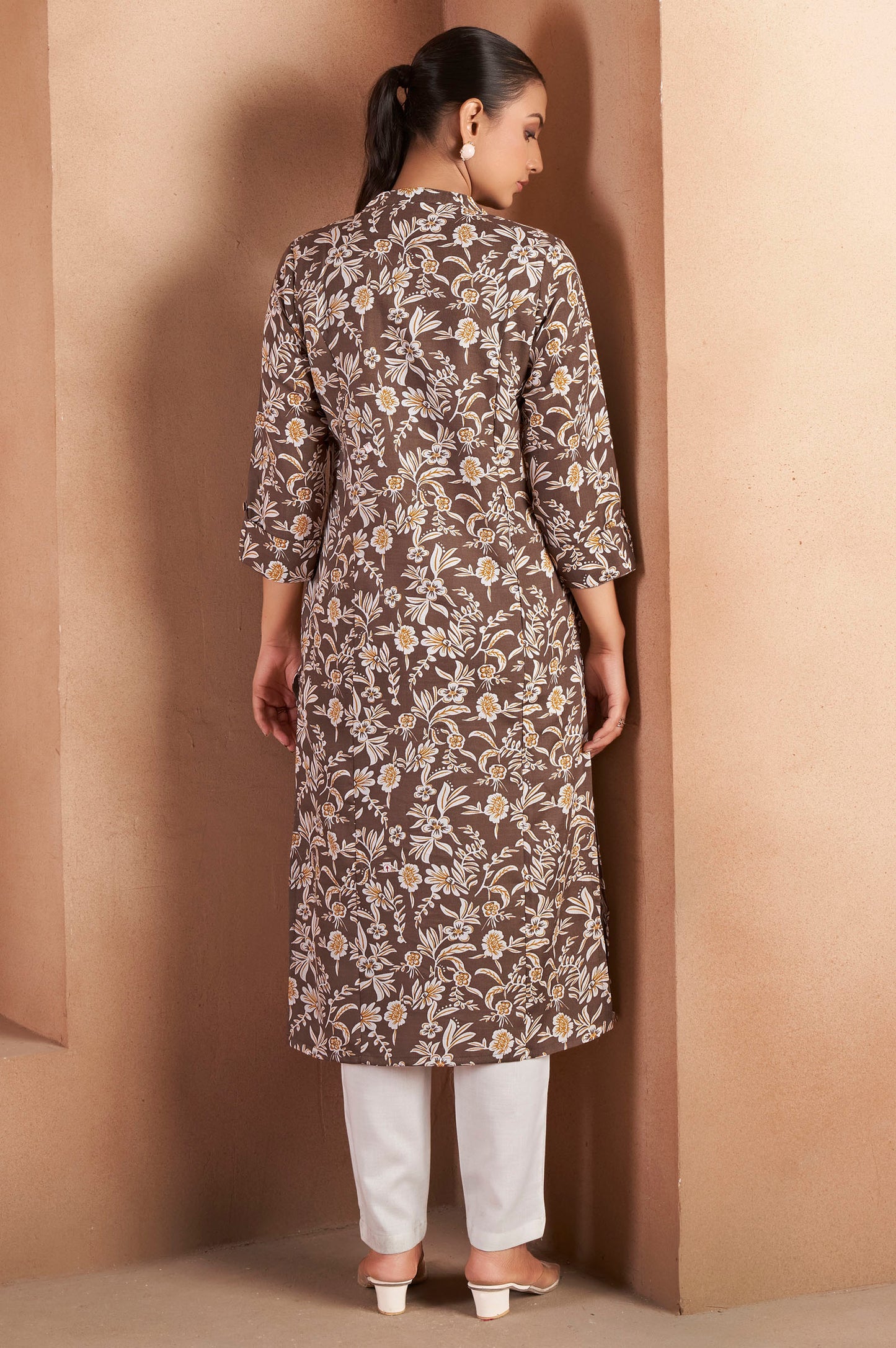 Brown Cotton Blend Floral Printed Kurta For Women