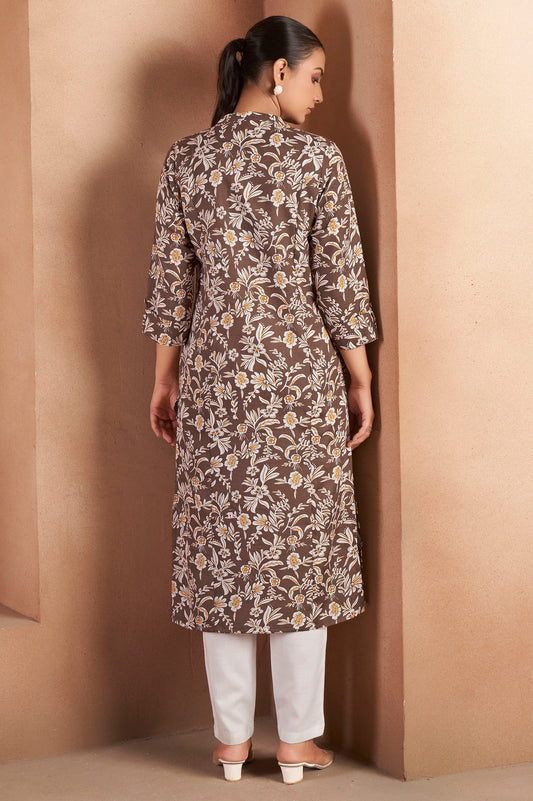 Brown Cotton Blend Floral Printed Kurta For Women