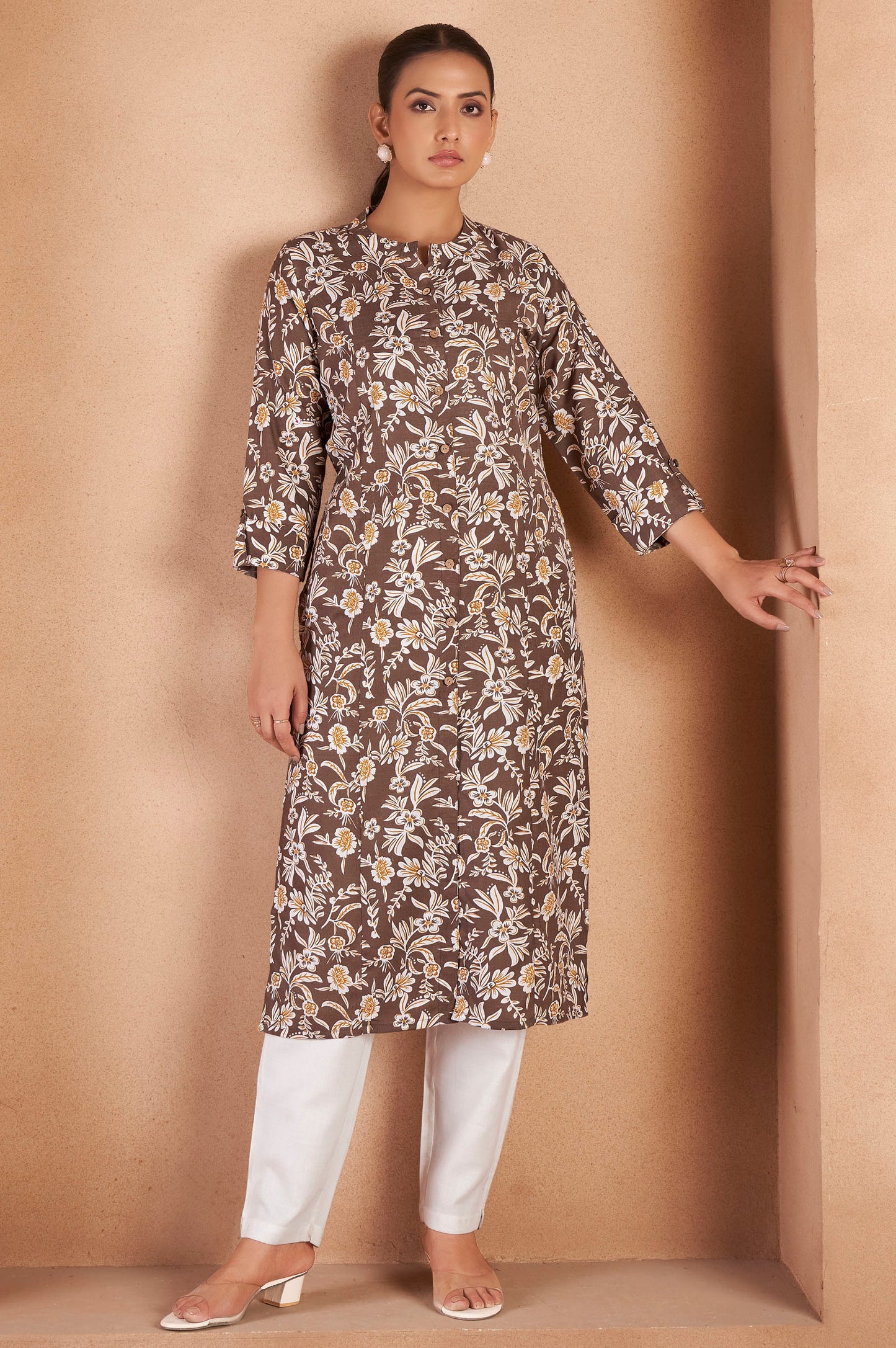 Brown Cotton Blend Floral Printed Kurta For Women