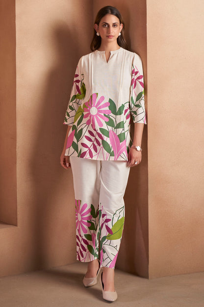 Off White Pure Cotton Floral Printed Co-Ord Set For Women