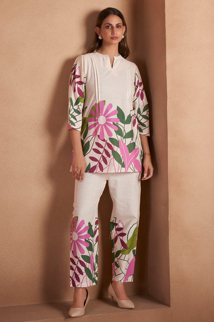 Off White Pure Cotton Floral Printed Co-Ord Set For Women