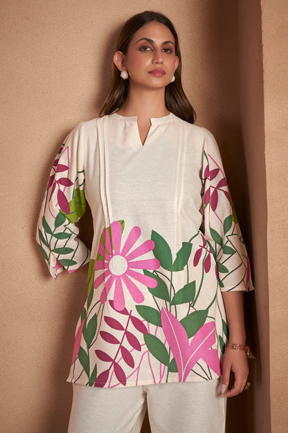 Off White Pure Cotton Floral Printed Co-Ord Set For Women
