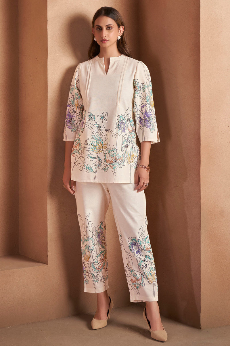 White Pure Cotton Floral Printed Co-Ord Set For Women