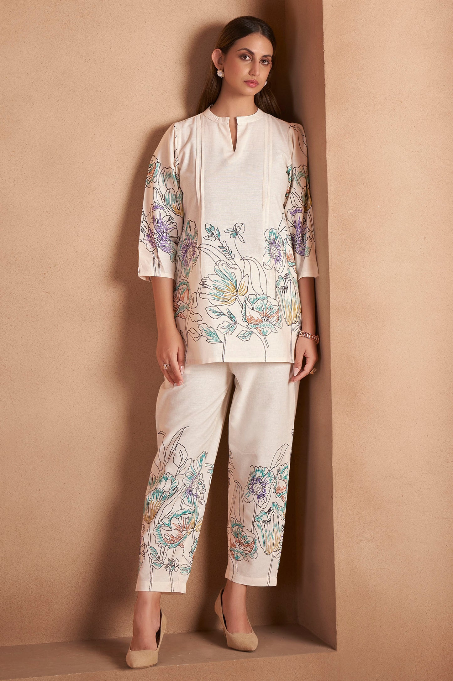 White Pure Cotton Floral Printed Co-Ord Set For Women