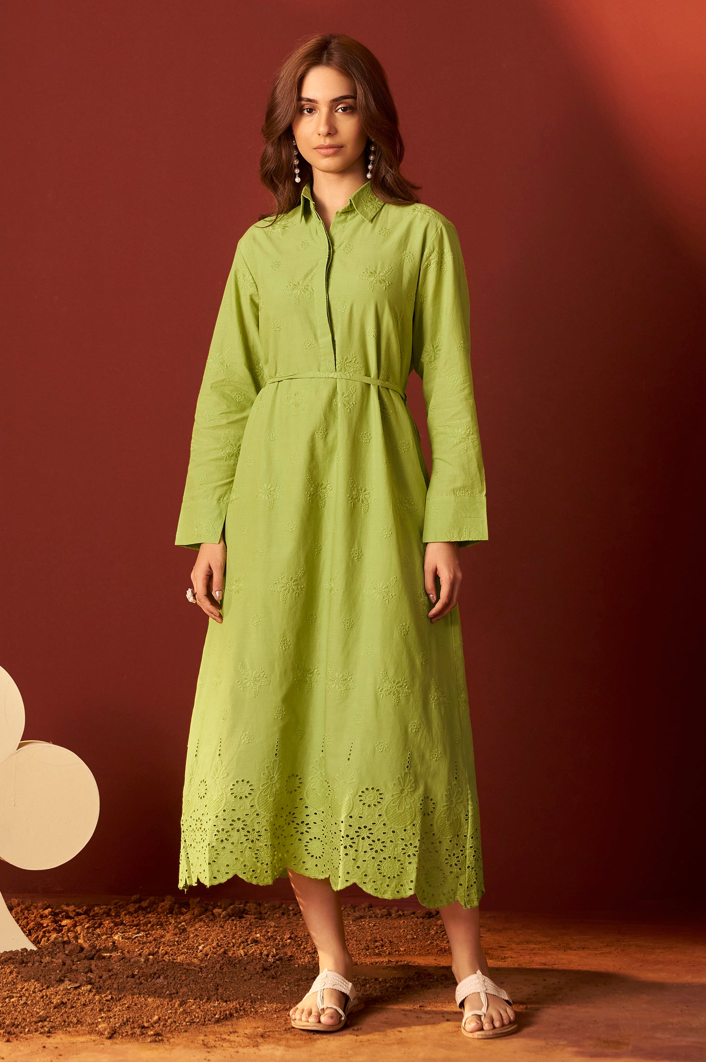 Green Pure Cotton Schiffly Embroidered Dress For Women