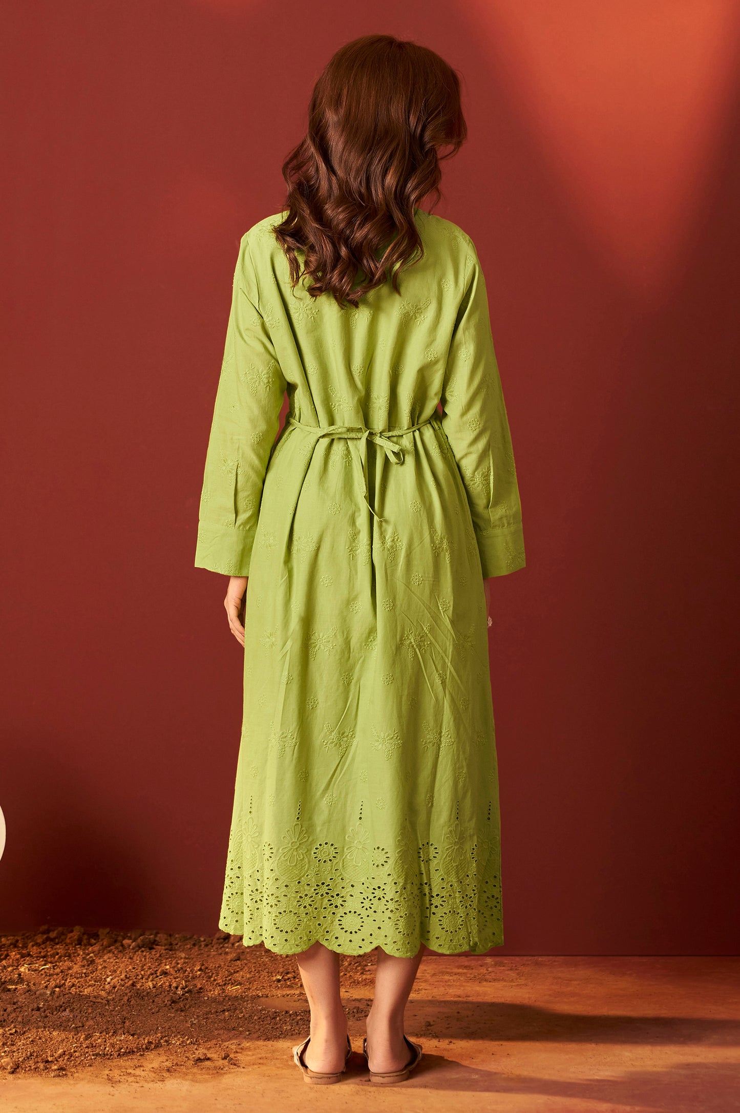 Green Pure Cotton Schiffly Embroidered Dress For Women