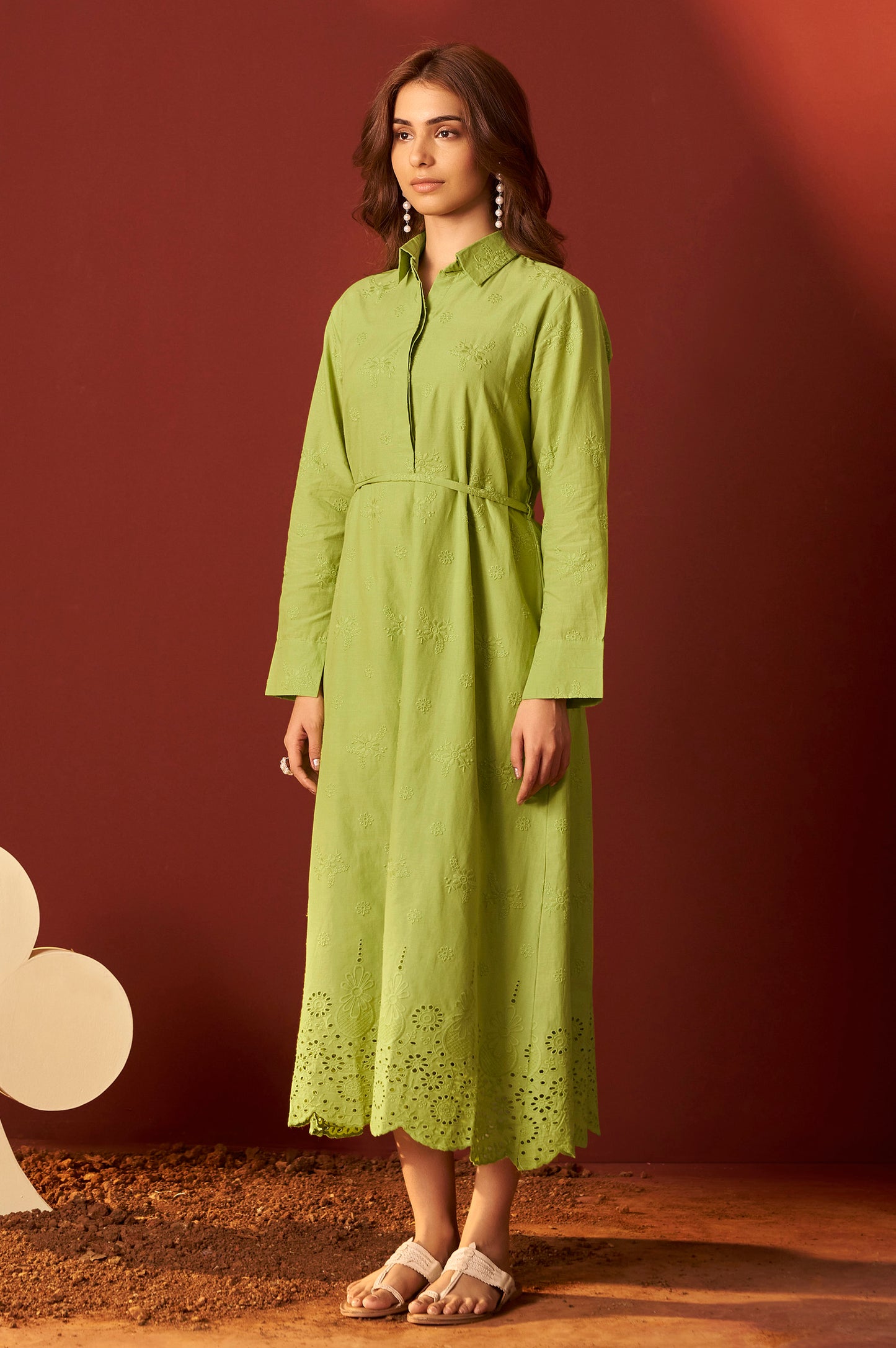 Green Pure Cotton Schiffly Embroidered Dress For Women