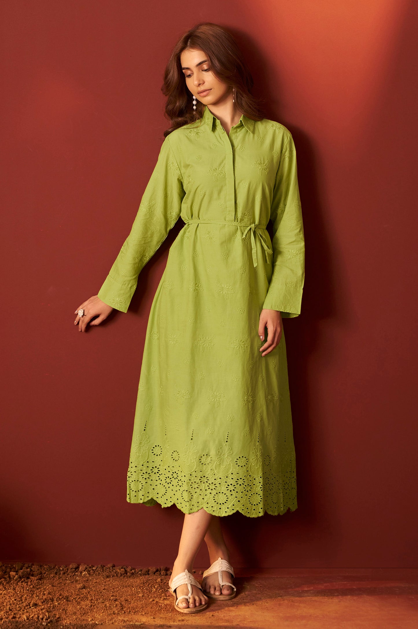 Green Pure Cotton Schiffly Embroidered Dress For Women
