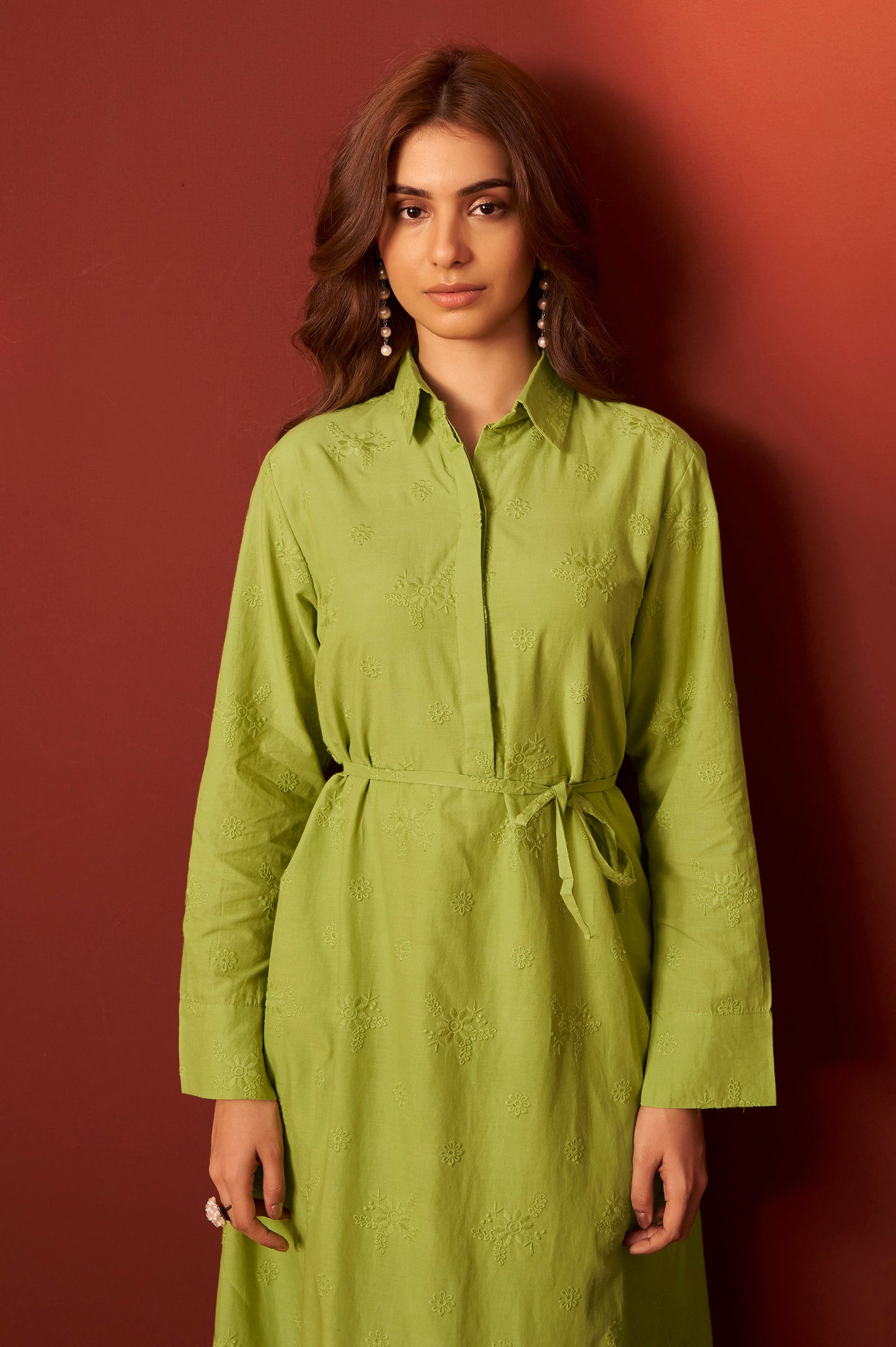 Green Pure Cotton Schiffly Embroidered Dress For Women