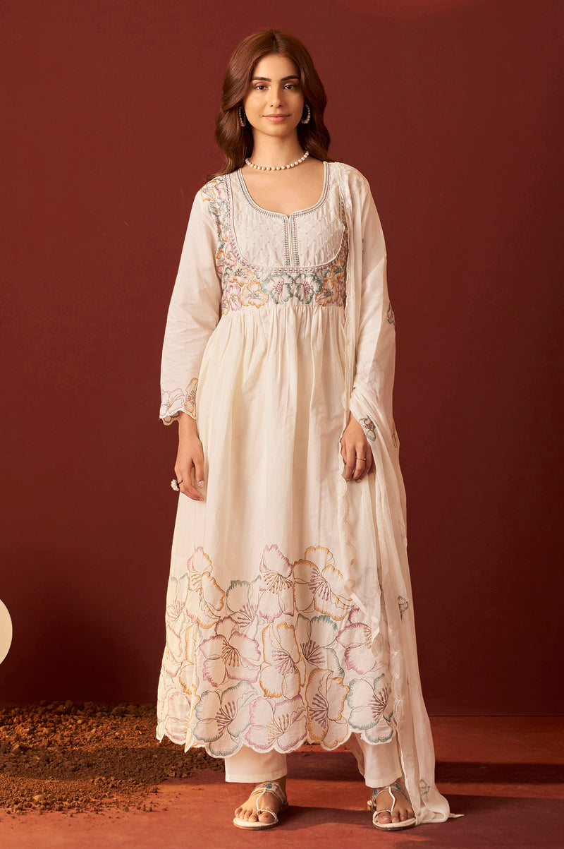 Off White Pure Cotton Embroidered Anarkali Kurta Set With Dupatta For Women
