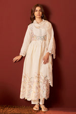 Off White Pure Cotton Embroidered Anarkali Kurta Set With Dupatta For Women