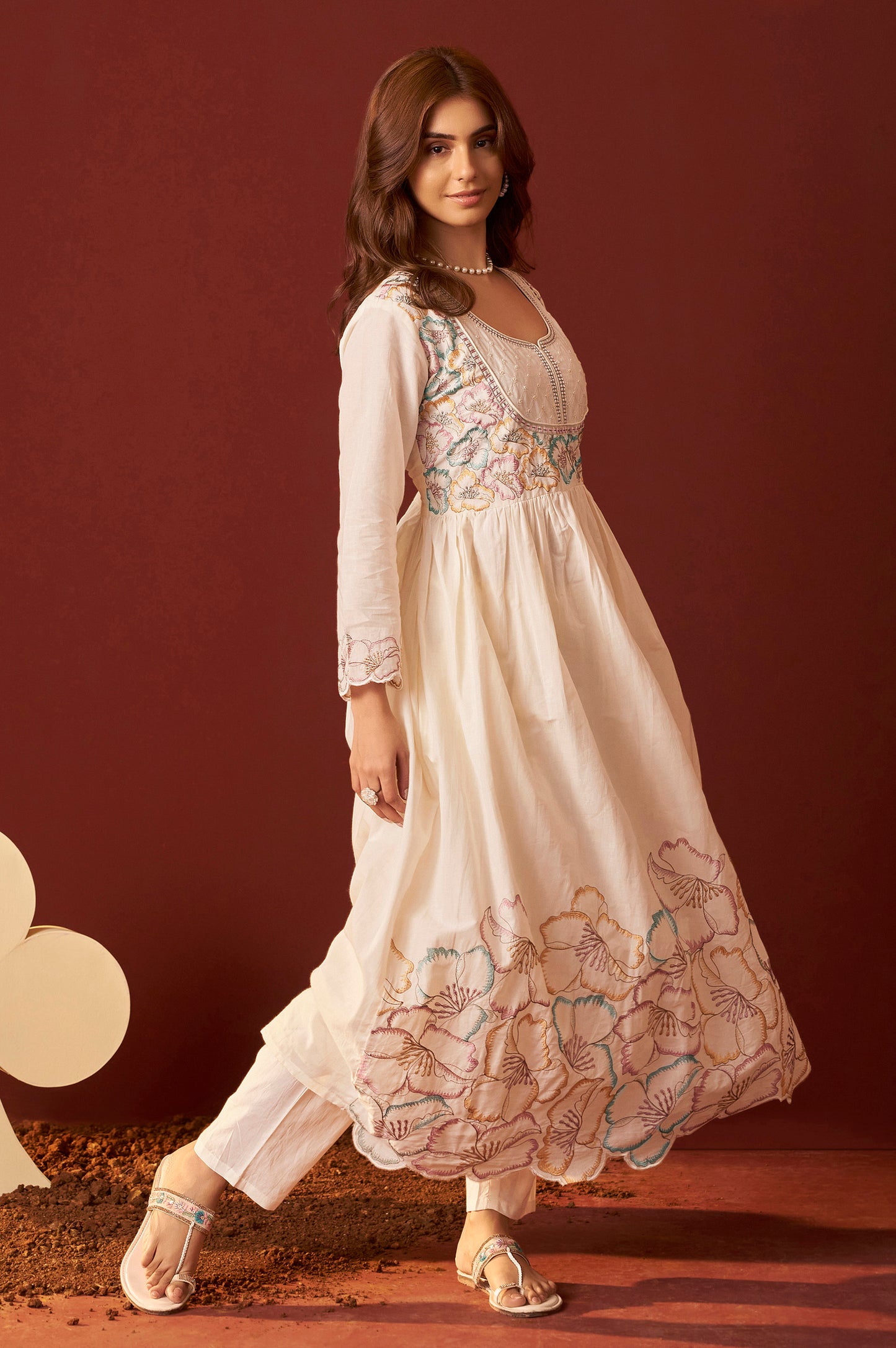 Off White Pure Cotton Embroidered Anarkali Kurta Set With Dupatta For Women