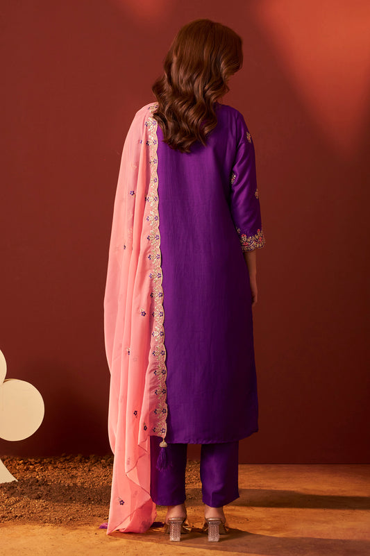 Purple Chinnon Embroidered Kurta Set With Dupatta For Women
