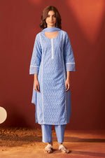 Sky Blue Pure Cotton Schiffly Kurta Set with Dupatta For Women