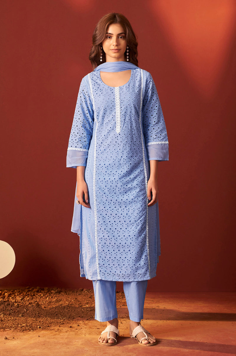 Sky Blue Pure Cotton Schiffly Kurta Set with Dupatta For Women