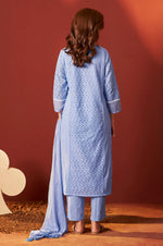 Sky Blue Pure Cotton Schiffly Kurta Set with Dupatta For Women