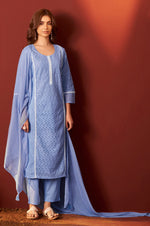 Sky Blue Pure Cotton Schiffly Kurta Set with Dupatta For Women