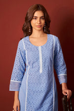 Sky Blue Pure Cotton Schiffly Kurta Set with Dupatta For Women