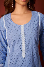 Sky Blue Pure Cotton Schiffly Kurta Set with Dupatta For Women