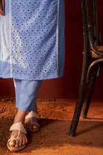 Sky Blue Pure Cotton Schiffly Kurta Set with Dupatta For Women