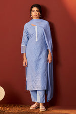 Sky Blue Pure Cotton Schiffly Work Kurta Set With Dupatta For Women