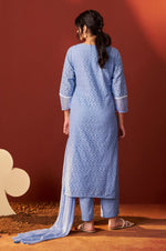 Sky Blue Pure Cotton Schiffly Work Kurta Set With Dupatta For Women