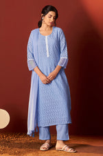 Sky Blue Pure Cotton Schiffly Work Kurta Set With Dupatta For Women