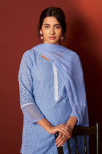 Sky Blue Pure Cotton Schiffly Work Kurta Set With Dupatta For Women