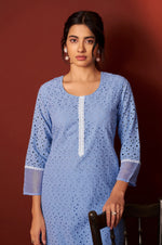 Sky Blue Pure Cotton Schiffly Work Kurta Set With Dupatta For Women