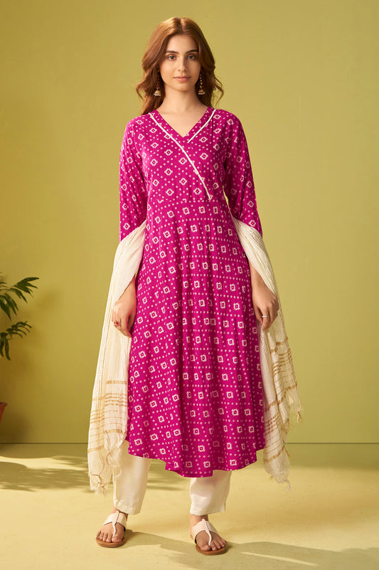Pink Viscose Rayon Printed Anarkali Kurta Set With Dupatta For Women