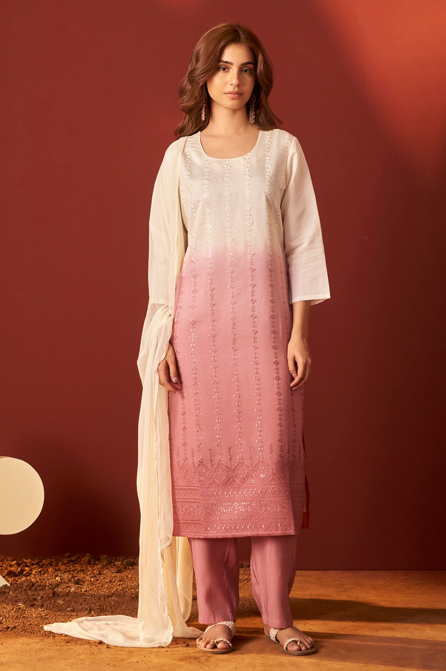 Rust Pure Chanderi Embroidered Kurta Set With Dupatta For Women