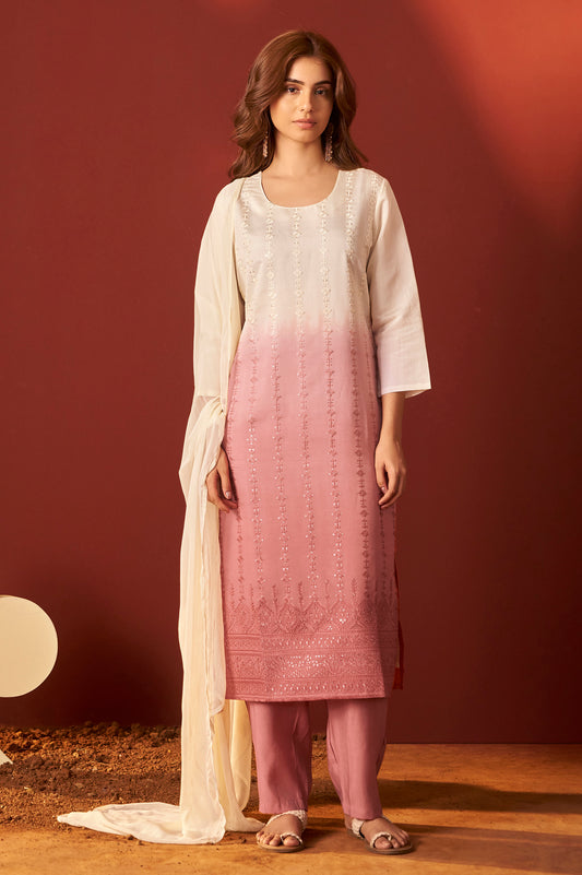 Rust Pure Chanderi Embroidered Kurta Set With Dupatta For Women