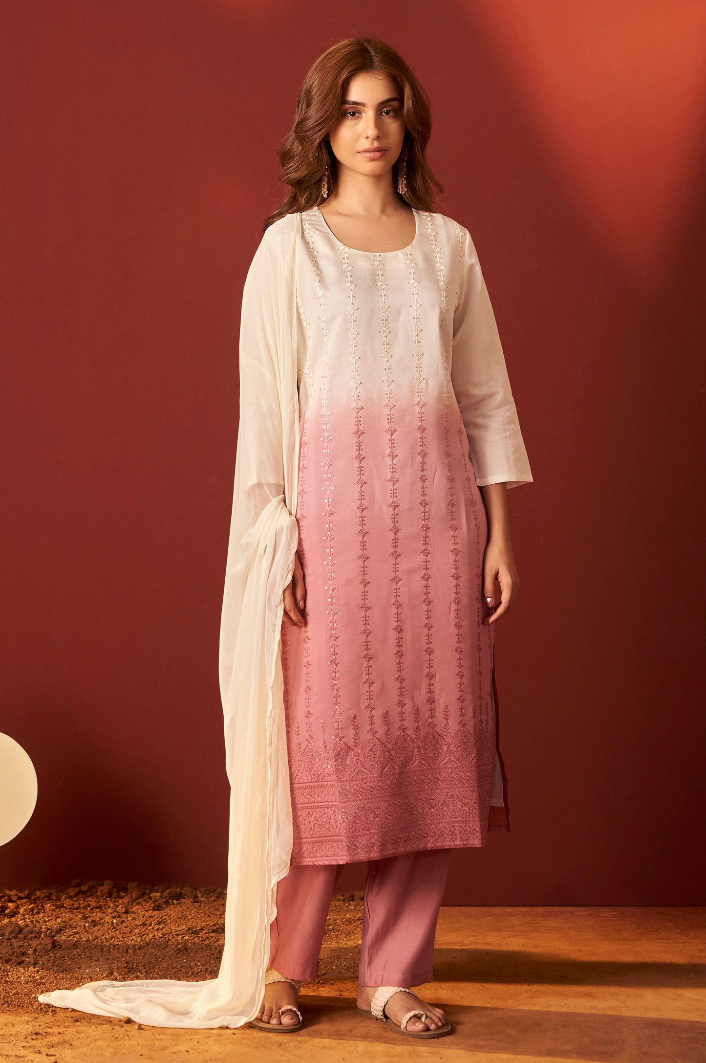Rust Pure Chanderi Embroidered Kurta Set With Dupatta For Women