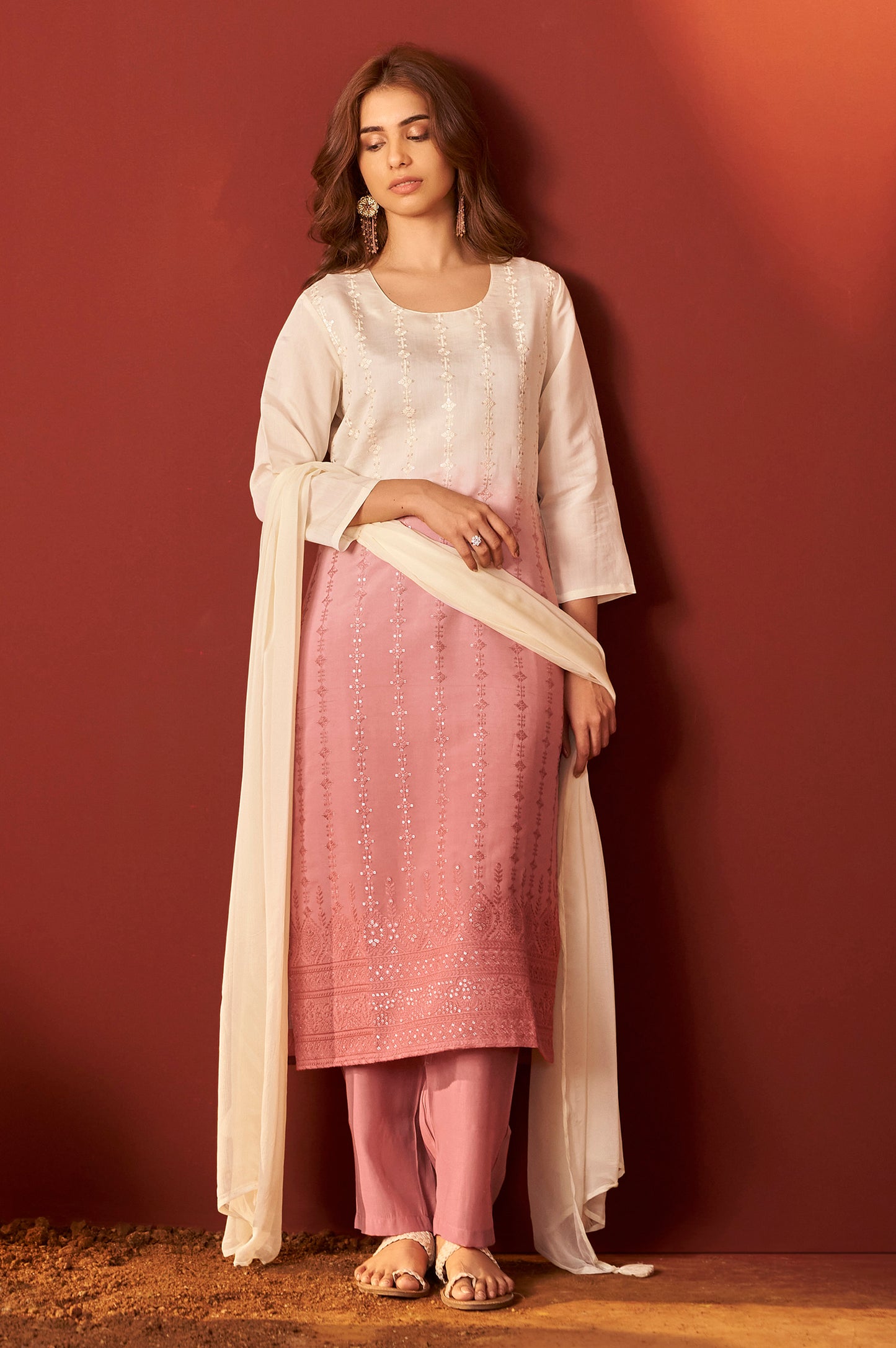 Rust Pure Chanderi Embroidered Kurta Set With Dupatta For Women