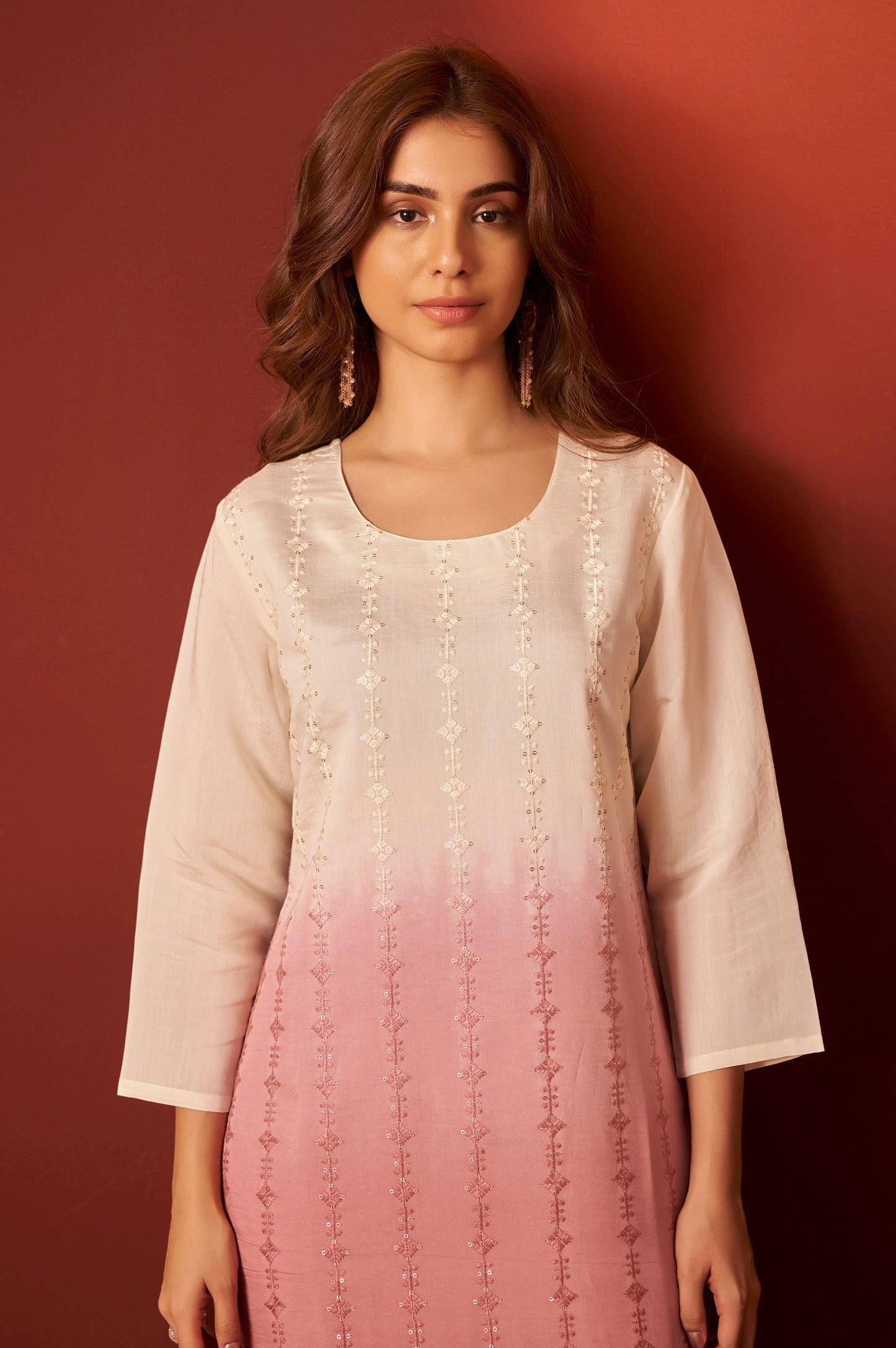 Rust Pure Chanderi Embroidered Kurta Set With Dupatta For Women
