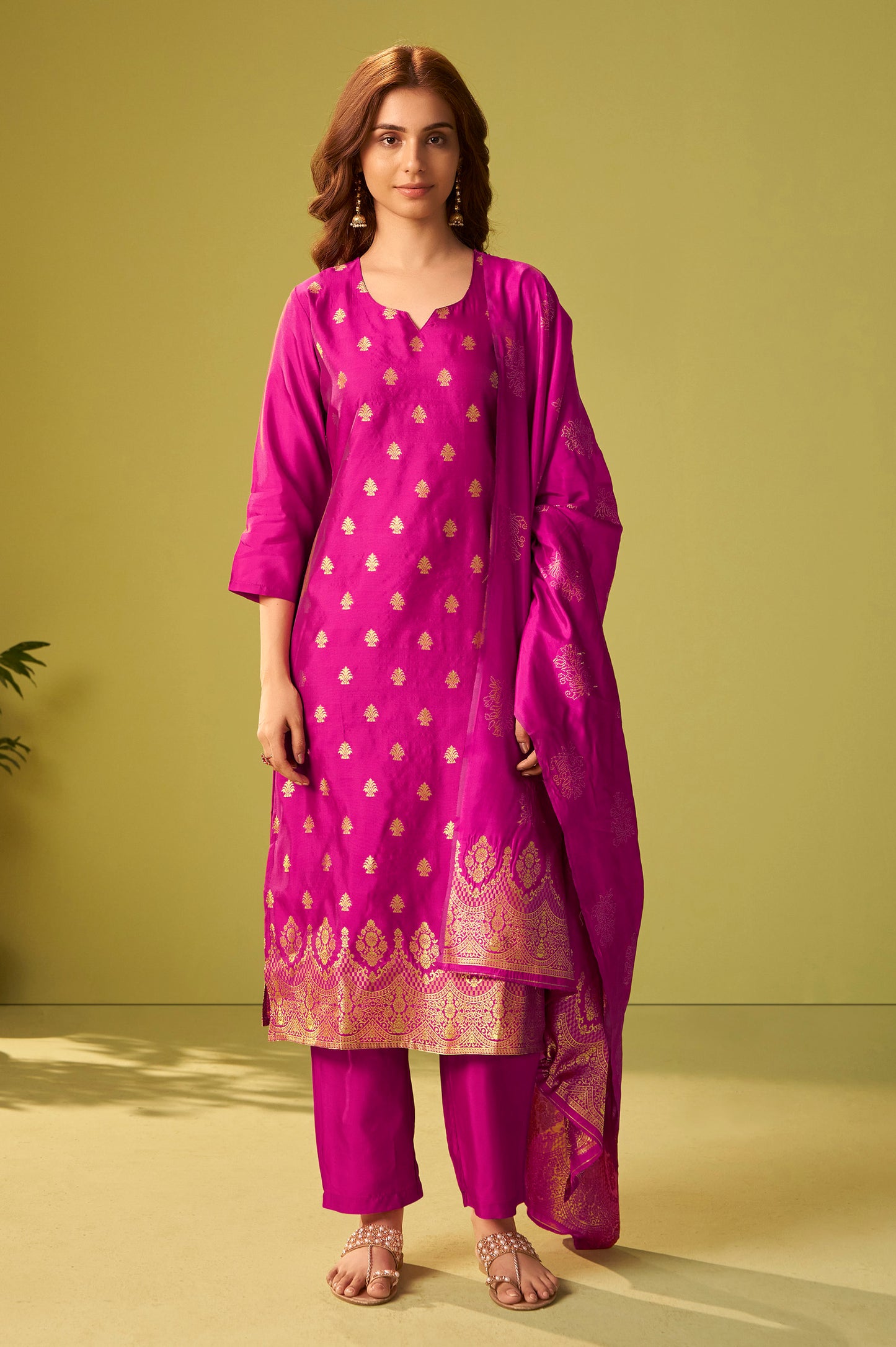 Dark Pink Silk Blend Jacquard Zari Work Kurta Set With Dupatta For Women