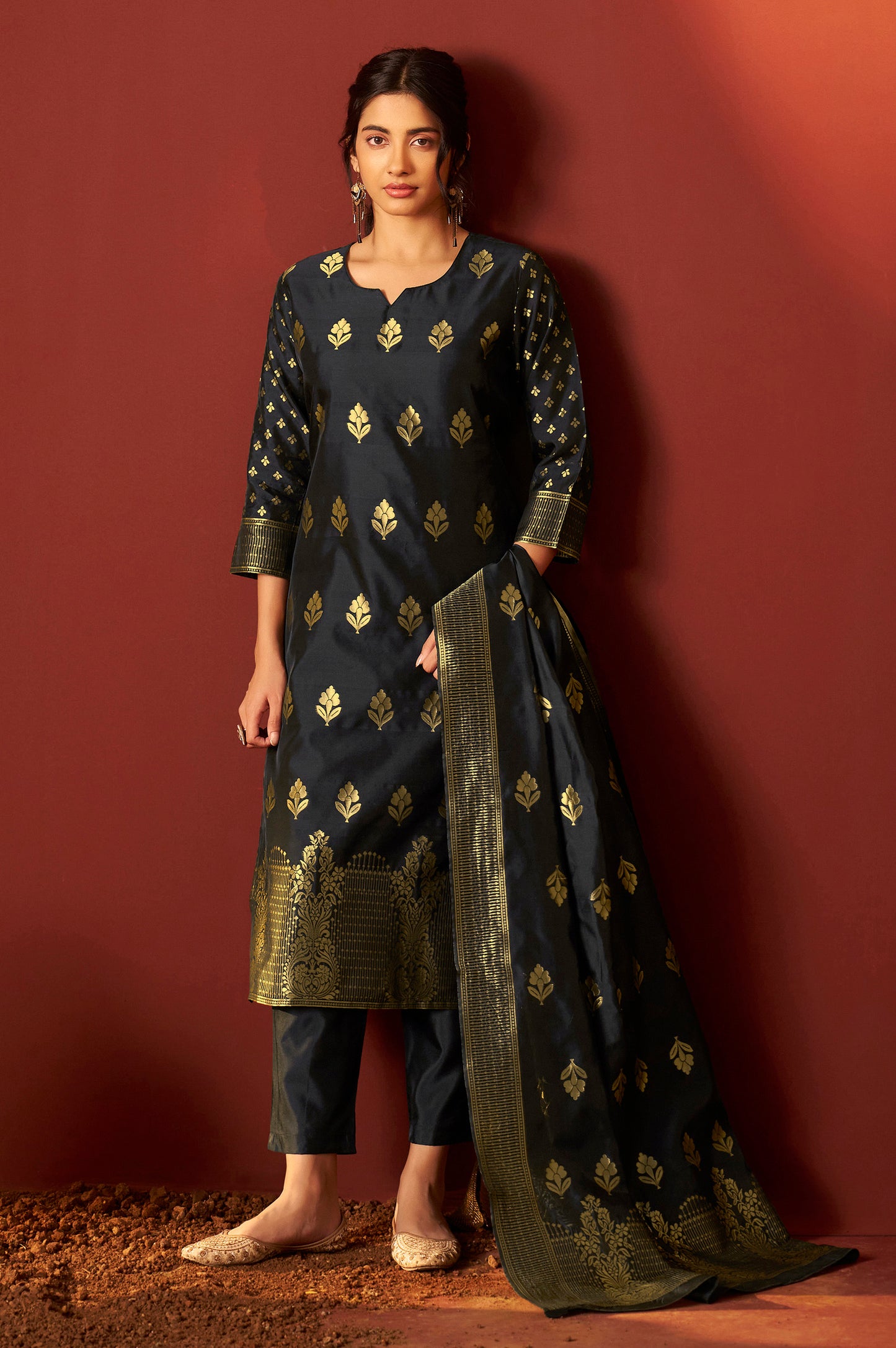 Black Silk Blend Jacquard Zari Work Kurta Set With Dupatta For Women