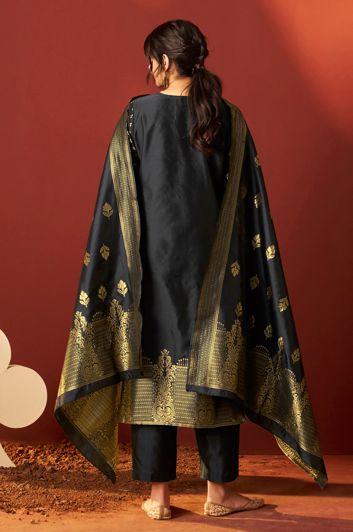 Black Silk Blend Jacquard Zari Work Kurta Set With Dupatta For Women