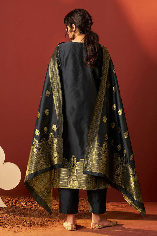 Black Silk Blend Jacquard Zari Work Kurta Set With Dupatta For Women