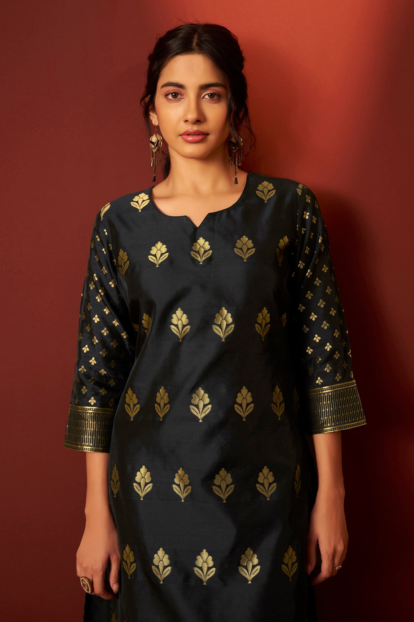 Black Silk Blend Jacquard Zari Work Kurta Set With Dupatta For Women