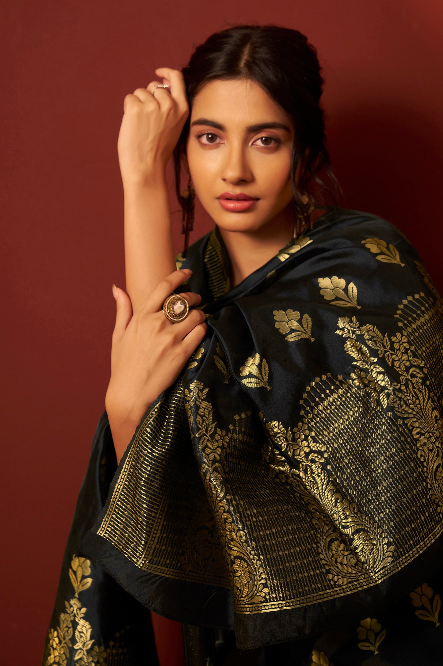 Black Silk Blend Jacquard Zari Work Kurta Set With Dupatta For Women